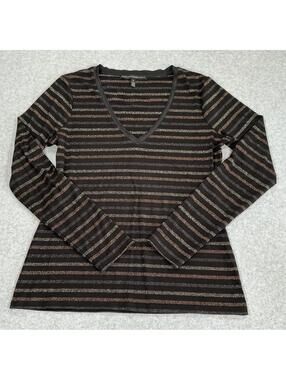 White House Black Market Women's Size S Black Metallic Stripe Long Sleeve V-Neck